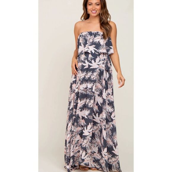 PinkBlush Charcoal Leaf Print Strapless Front Tie Maternity Maxi Dress Nwt Mediu - Picture 10 of 10